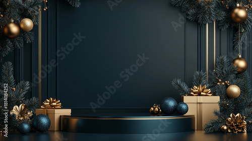 Elegant 3D navy blue podium and pedestal with gold Christmas ornaments, fir branches, and gift boxes. Product display mockup.