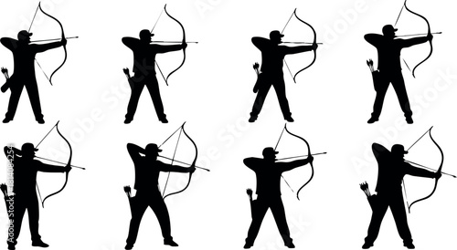 Silhouette archers aiming with bow and arrow multiple poses vector illustration