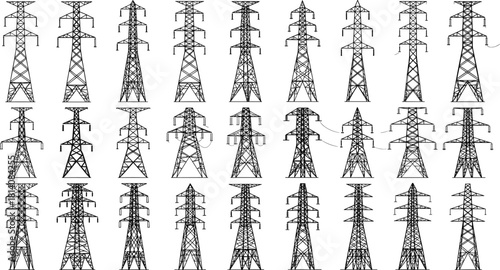 Transmission towers silhouette, electrical pylons grid, lattice steel structures, diverse tower designs, 