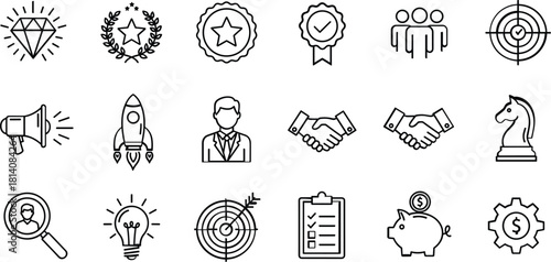 Minimalist Business Success and Achievement Line Icons Set Featuring Diamond, Rocket, Target, Handshake, and Corporate Strategy Symbols for Web and Mobile.