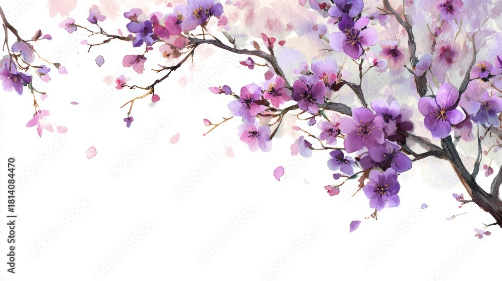 Obraz premium A beautiful watercolor illustration of a flowering branch with pink and purple blossoms against a soft, light background.