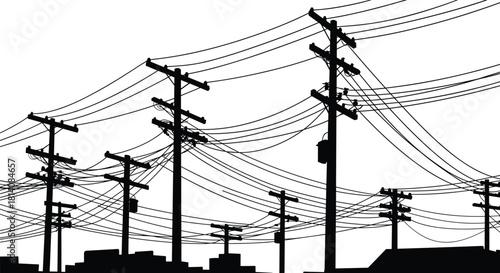 Urban utility poles silhouettes, overhead power lines vector illustration, electricity distribution infrastructure, transformers and insulators, complex electrical grid network design elements
