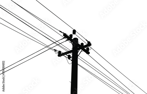 Utility pole silhouette, electrical power lines, crossarms with insulators, energy distribution system, electricity supply network, infrastructure design, communication network, vector illustration