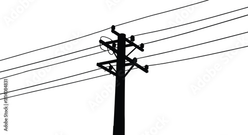 Utility pole silhouette with crossarms and insulators, five overhead power lines vector illustration, electrical distribution infrastructure artwork, black and white line art design