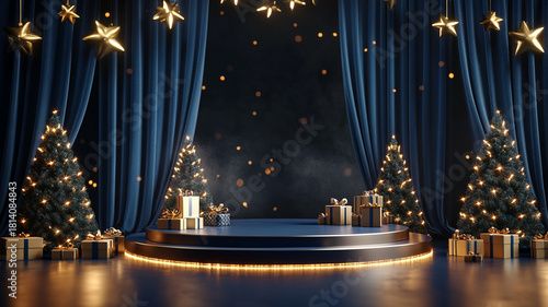 Cinematic 3D Christmas stage with dark blue curtains, lit podium, gold stars, twinkling trees, and gift boxes. Product mockup.