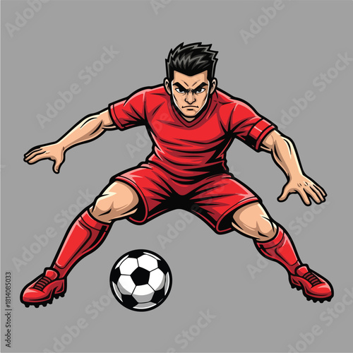 Determined male soccer player in red uniform ready to dribble the ball.