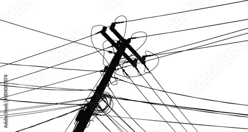 Utility pole silhouette, tangled power lines network, insulators and connectors, electrical infrastructure complexity, urban energy distribution system, electricity supply grid, vector illustration