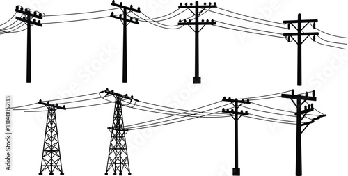 Utility poles and transmission towers silhouettes, vector illustration of electricity distribution and high voltage infrastructure, diverse structural designs, energy grid network elements