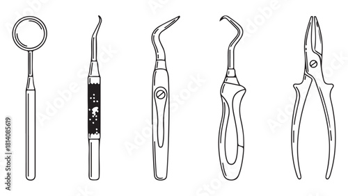 Black and White Line Art Dental Tools Set Vector Illustration