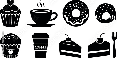 Black silhouette coffee cupcake donut cake dessert icons set vector illustration