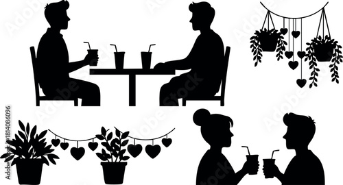 Silhouette people drinking together at table with hanging plants and heart decorations vector illustration