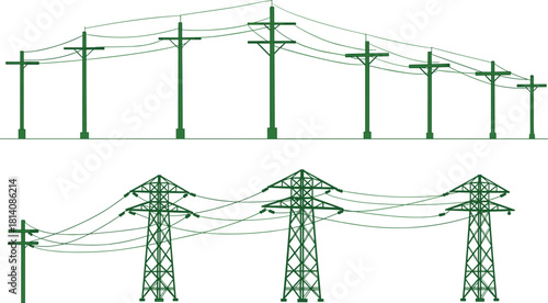 Utility poles and transmission towers silhouettes, vector illustration of electricity distribution and high voltage infrastructure, wooden poles and steel lattice pylons energy grid design