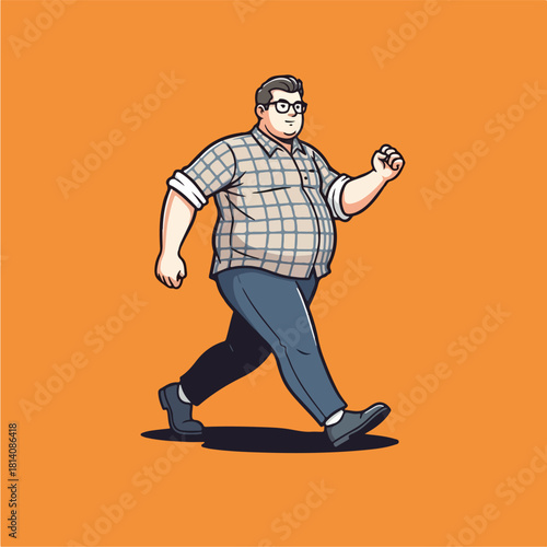 Overweight man in glasses and plaid shirt walking confidently.
