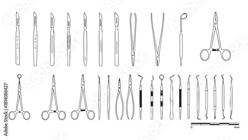 Monochrome Vector Illustration of Surgical and Dental Instruments