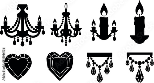Black chandelier candle hearts decorative vintage silhouette vector illustration