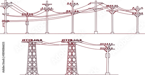 Utility poles and transmission towers, electrical power distribution infrastructure, high voltag