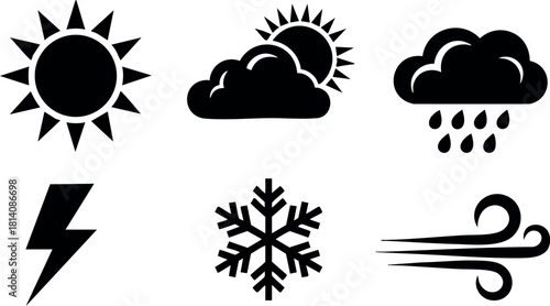 Weather icons sun clouds rain lightning snow wind vector illustration simple design black shapes