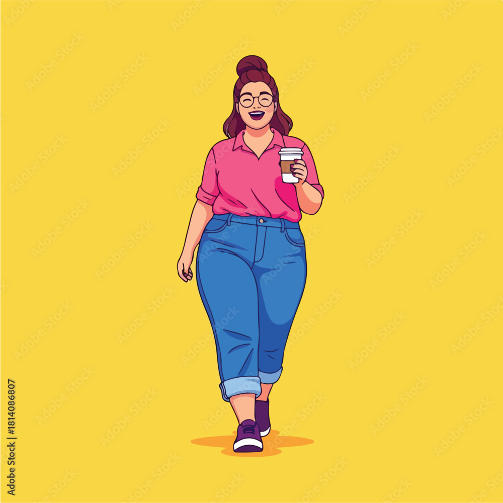 Fototapeta premium Smiling plus size woman walking with coffee cup.