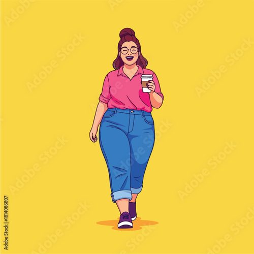 Smiling plus size woman walking with coffee cup.