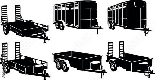 Black silhouette flat trailer vector illustration set with livestock and flatbed trailers