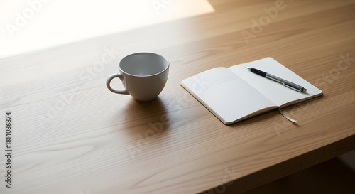 A simple desk setup with a white mug, open notebook, and pen under natural light on wooden surface