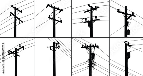 Utility poles silhouette, electrical distribution designs, crossarms with insulators and
