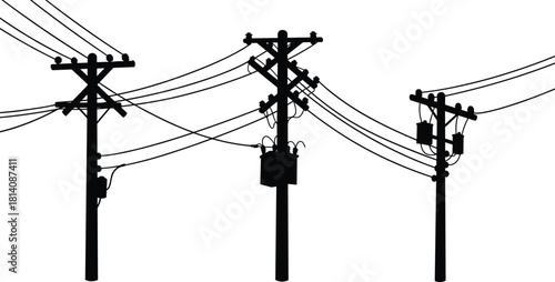 Utility poles silhouette, electrical transformers attached, multiple power lines, energy distribution system, electricity supply network, infrastructure design, overhead grid, vector illustration