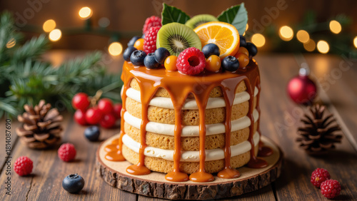 Delicious cake decorated with fresh fruits, caramel drizzle, and festive elements, perfect for celebrations and gatherings