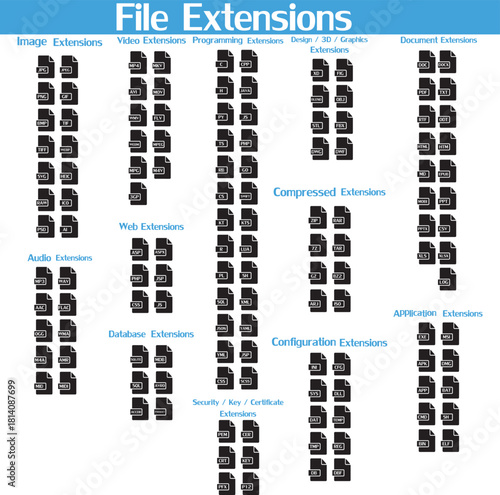 Comprehensive file extensions guide showcasing various file types isolated on a white background
