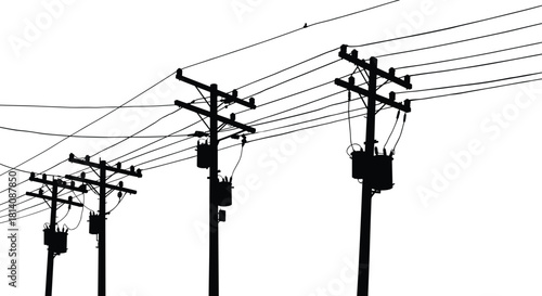 Utility poles silhouette, transformers with crossarms, crisscross power lines network