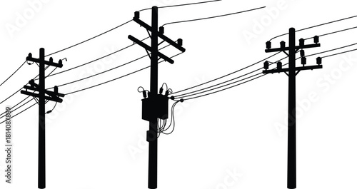 Utility poles silhouette, transformer attached, electrical power lines, energy distribution system, electricity supply network, infrastructure design, rural and urban grid, vector illustration
