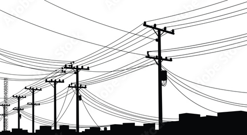 Utility poles silhouette, transformers with crossarms, crisscross power lines network, urban 