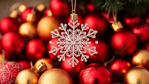 Festive christmas snowflake ornament hanging over red and gold baubles, creating a warm and inviting holiday scene