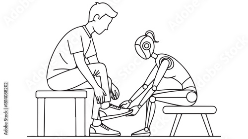 Monochrome Vector Line Art of Robot Assisting Human with Shoes