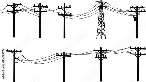 Utility poles silhouette, transmission towers with power lines, electrical infrastructure comparison