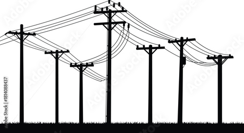 Utility poles silhouettes with interconnected power lines, vector illustration of electricity distributio