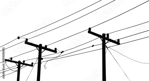 Utility poles silhouettes with power lines, vector illustration of electricity distribution infrastructure, insulators and crossarms, minimal urban energy grid network design elements