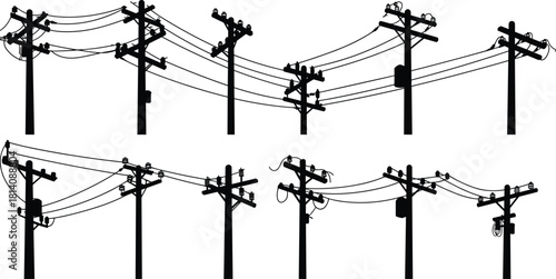 Utility poles silhouettes with transformers and insulators, vector illustration of electricity distribution