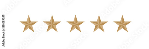 Five volumetric gold stars. Five-pointed star 3D. Quality and rating symbol. Isolated illustration on white background. Raster icon.