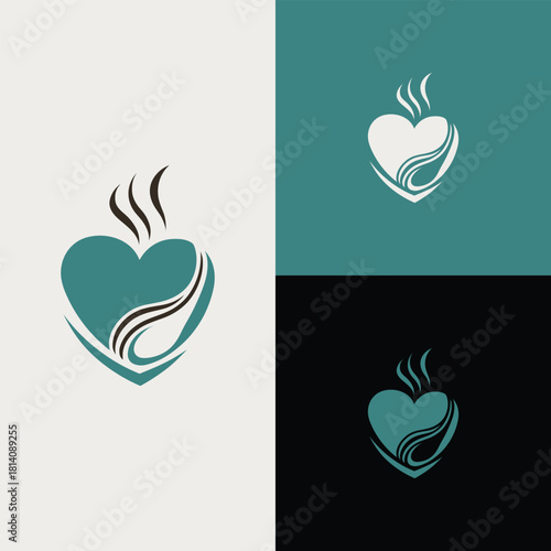 CoffeeTea Heart Logo Warm Beverage Steam Vector