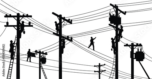 Utility workers repairing electrical power lines on poles, black and white vector illustration 
