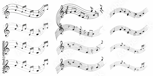 Collection of wavy musical staffs with notes