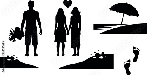 Silhouette family holding hands man holding flowers beach umbrella footprints vector illustration