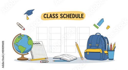 A flat lay illustration of school supplies and a class schedule template, perfect for back to school or education themes.