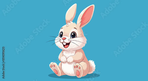 A cute and friendly cartoon rabbit with big blue eyes and a wide, happy smile is sitting cheerfully against a vibrant blue background.