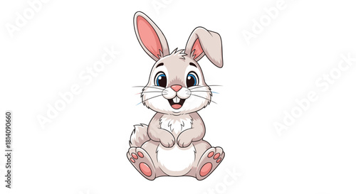 A joyful and cute cartoon grey bunny rabbit sitting happily on a white background, perfect for children's designs and Easter themes.