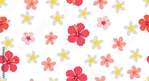 Seamless pattern with various tropical flowers like hibiscus and plumeria in vibrant shades of red, pink, yellow, and white on a clean background.