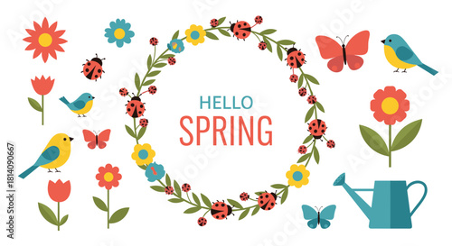Flat design 'Hello Spring' illustration with a charming floral wreath, ladybugs, colorful birds, butterflies, blooming flowers, and a watering can.
