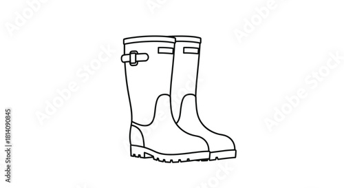 A simple black and white line art illustration showcasing a classic pair of tall rubber rain boots with a buckle, ideal for wet weather.