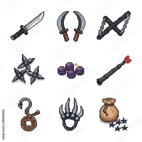 Pixel art ninja weapon set perfect for game design. Features swords, throwing stars, and grappling hook, ready for retro style projects. Stealth and action!